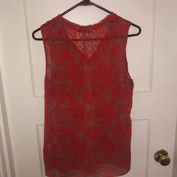 Red Sleeveless Sung Top with Floral Design. Ruffled neck,tie - at front preloved - Picture 7 of 7